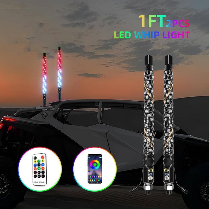 S7 2 Pack 1FT Whip Lights, LED Whip Light with App & Remote Control, Spiral RGB Chasing Lighted Antenna Whips,Whip Light for UTV ATV RZR SXS Can-Am Dune Buggy Offroad Truck (1ft) - Image 2